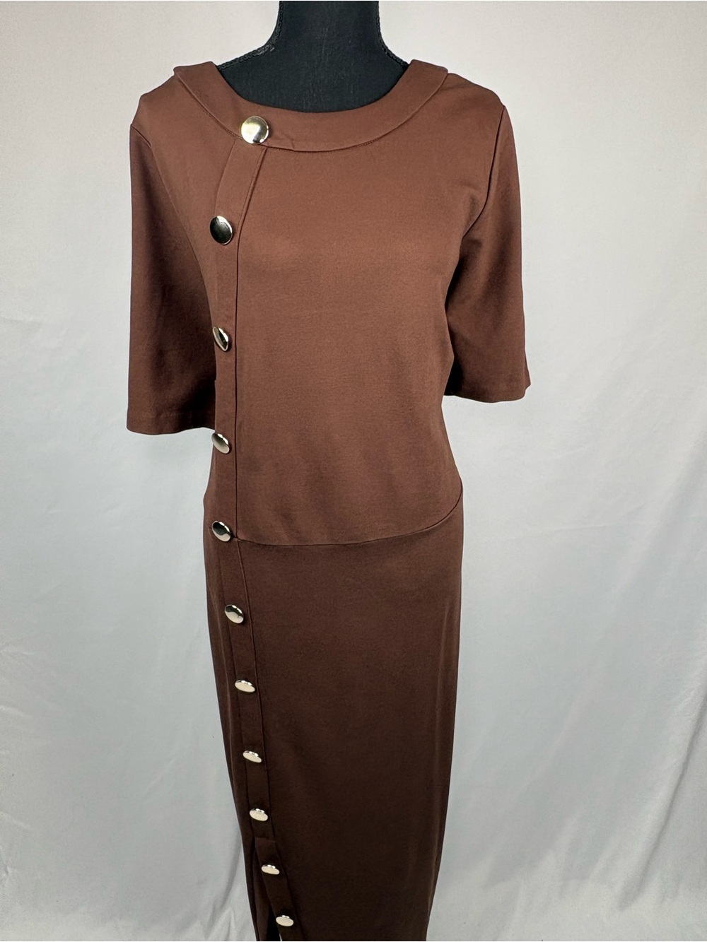 Eloquii Brown Midi Dress with Asymmetric Button Placket